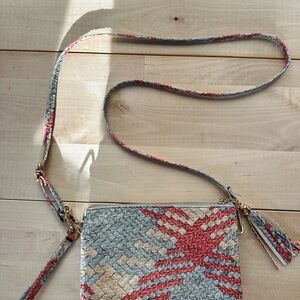 Red and Gray Patterned Crossbody Bag with Adjustable Strap